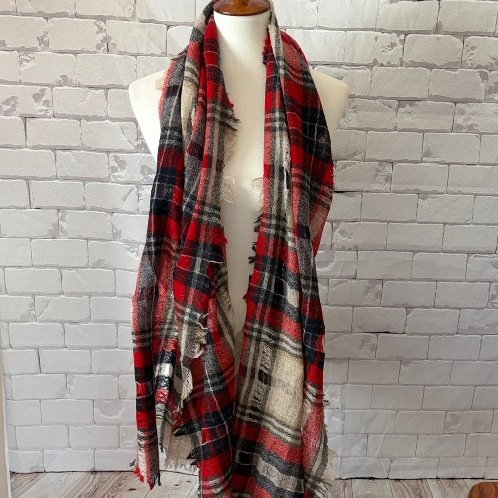 Cozy Red, Navy, and Beige Plaid Scarf